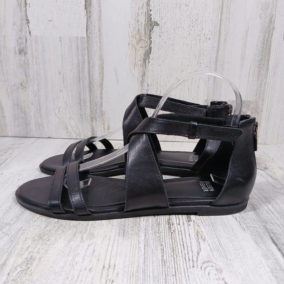 Eileen Fisher Black Leather Strappy Gladiator Flat Sandals Back Zip Comfort Shoe - Picture 1 of 10